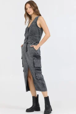 Shop Washed Black Twill Button Front Vest Top All Tops