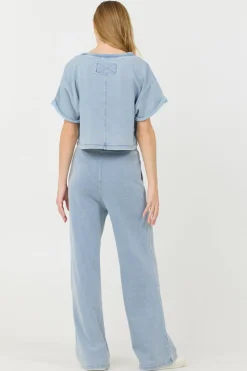 Sale Washed Denim Terry Fleece Cropped Shirt All Tops