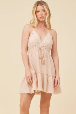 Best Sale Washed Nude Gauze Eyelet Embroidered Dress Dresses