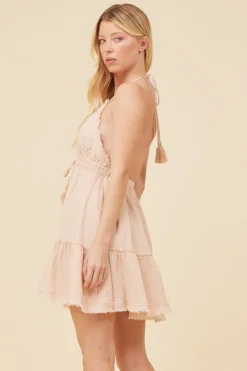 Best Sale Washed Nude Gauze Eyelet Embroidered Dress Dresses